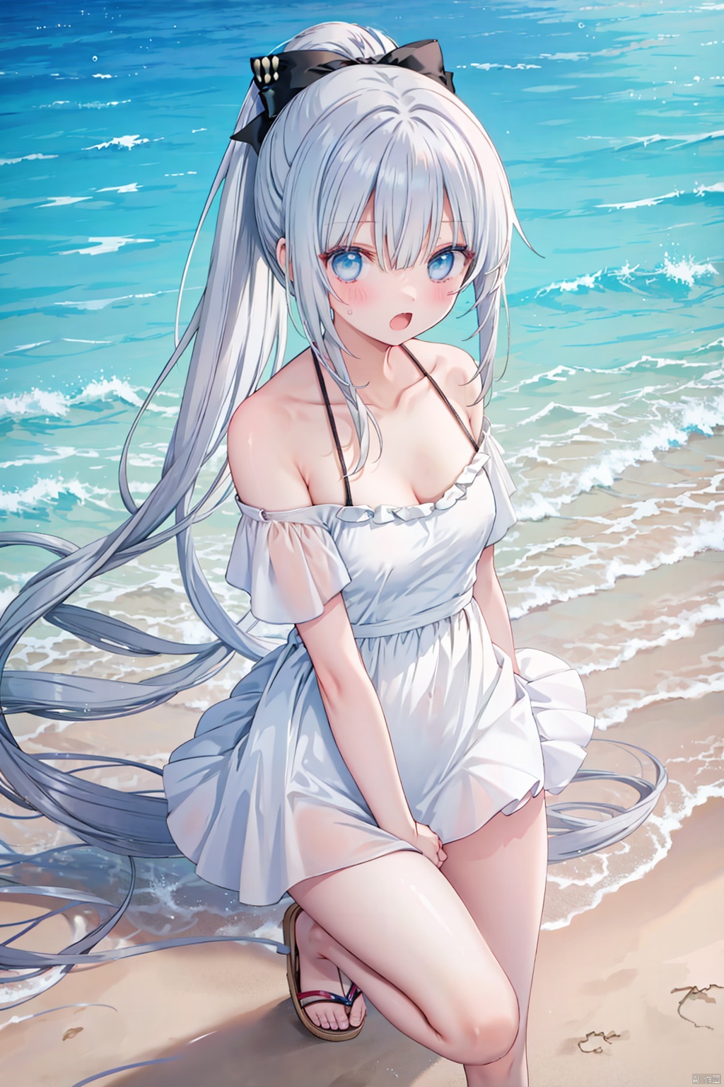 1girl, ginka, swimsuit, solo, sliver hair, ponytail, looking at viewer, butterfly hair bow, sandals, blue eyes, bangs, blush, shirt, beach, open mouth, bubble, white shirt, off shoulder, knees up, outdoors, sand, breasts, hair between eyes, halterneck, small breasts, long hair, water, short sleeves, bare shoulders, bikini under clothes, white footwear, skin fang, hairclip, jewelry,