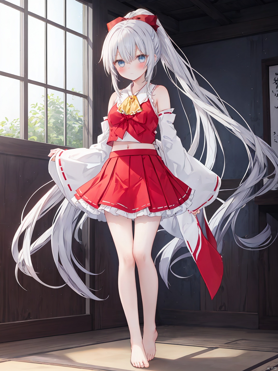 skirt,  1girl,  long hair,  detached sleeves,  blue eyes,  red skirt,  red bow,  barefoot,  ascot,  bow,  hair bow,  hair tubes,  frills,  yellow ascot,  full body,  white hair,  ribbon-trimmed sleeves,  looking at viewer,  ribbon trim,  wide sleeves,  standing,  long sleeves,  solo,  bangs,  shirt,  blush,  very long hair,  vest,  closed mouth,  bare shoulders,  trembling,  frilled skirt,  skirt set,  nontraditional miko,  frilled bow,  bare legs,  sidelocks,  red vest,  alternate hairstyle,  sleeveless,  hair between eyes,  orange ascot,  midriff,  white sleeves,  ponytail, In the shrine
