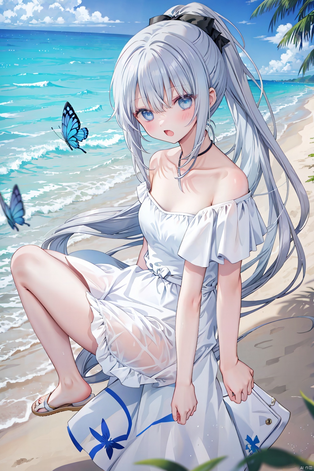 1girl, ginka, swimsuit, solo, sliver hair, ponytail, looking at viewer, butterfly hair bow, sandals, blue eyes, bangs, blush, shirt, beach, open mouth, bubble, white shirt, off shoulder, knees up, outdoors, sand, breasts, hair between eyes, halterneck, small breasts, long hair, water, short sleeves, bare shoulders, bikini under clothes, white footwear, skin fang, hairclip, jewelry,