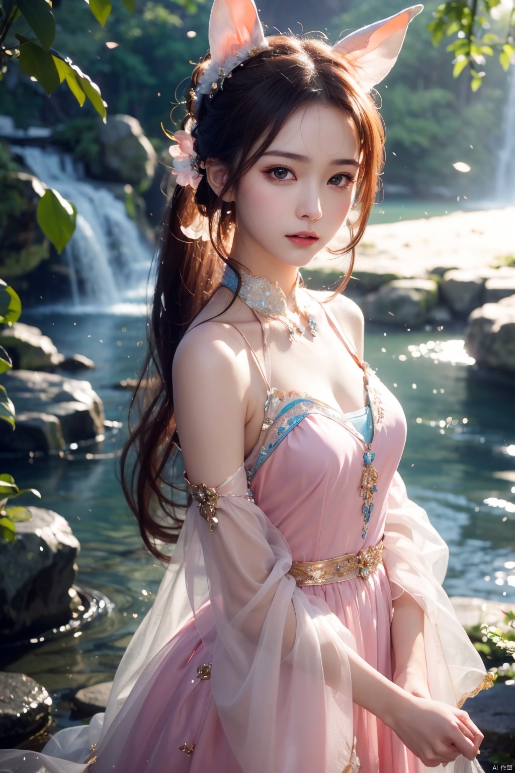  masterpiece,best quality,official art,extremely detailed CG unity 8k wallpaper,1girl,high ponytail, looking at viewer, pov, standing, angry, upper body, waterfall, pink dress,light rays, light particles,Transparent rabbit ears, 