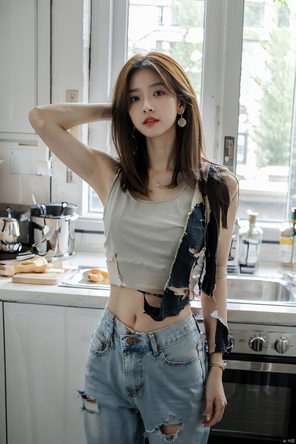 sj, 1girl, jeans, denim, solo, pants, window, brown hair, torn clothes, navel, parted lips, torn pants, indoors, torn jeans, jewelry, midriff, **** top, earrings, kitchen, medium hair