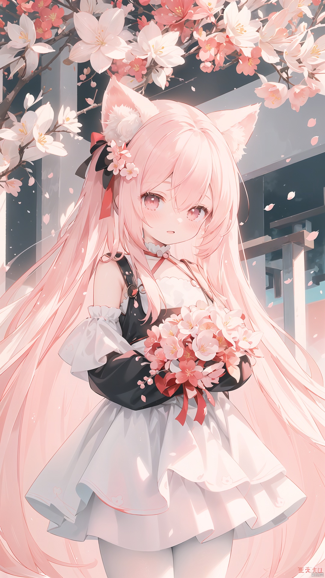 The image features a beautiful anime girl dressed in a flowing white and red dress,  standing amidst a flurry of red cherr...