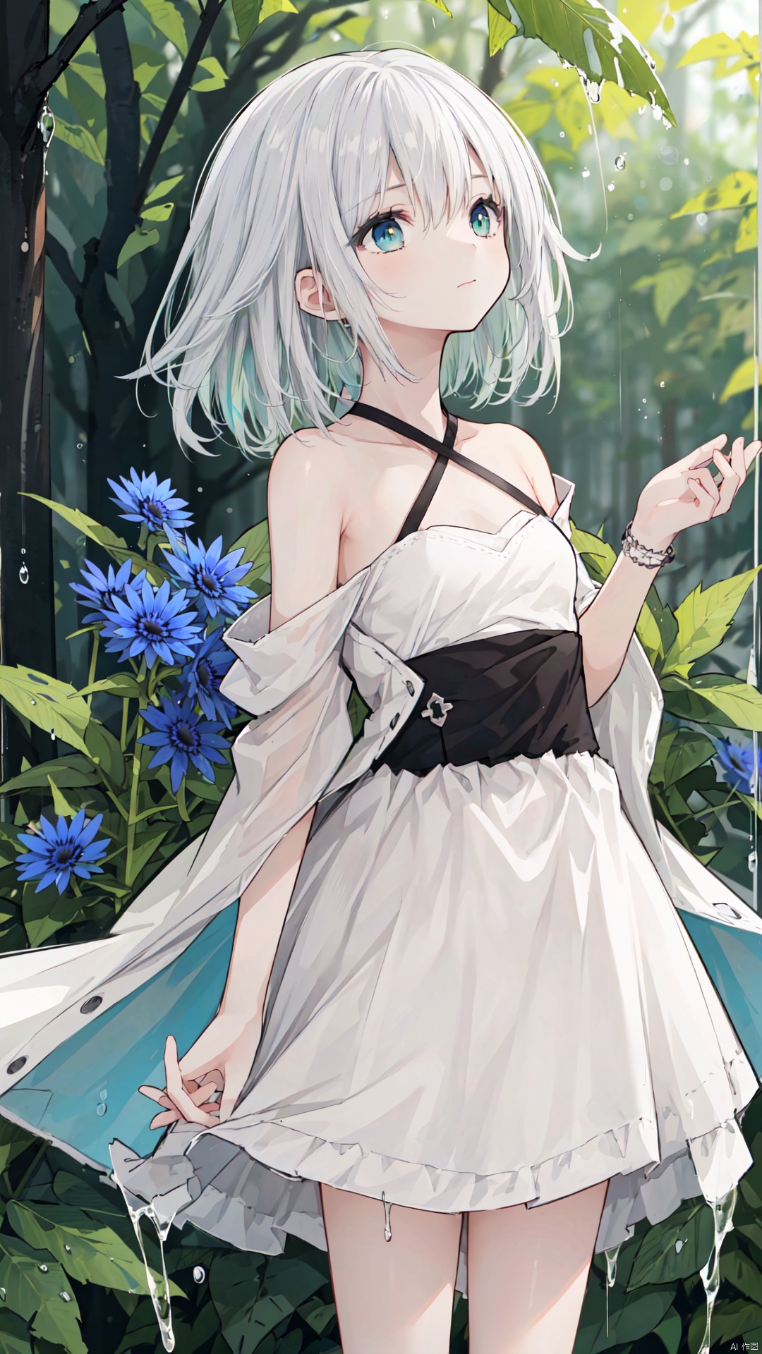  late at night,dark, light rain,dark, (((green, silver, glimmer)), limited palette, contrast, phenomenal aesthetic, best quality, sumptuous artwork, (masterpiece), (best quality), (ultra-detailed), (((illustration))), ((an extremely delicate and beautiful)), (detailed light), light rain,dark,(((Cornflower))), cornflower, cornflower,vines, forest, ruins, Blurred picture, lens flare, hdr, Tyndall effect,damp,wet, 1girl, bare shoulders,cold theme, broken glass, broken wall, aqua theme, white hair, blinking, white dress, closed mouth, constel lation, flat color, braid, blinking, white robe, float, closed mouth, constel lation, flat color, looking up, standing, medium hair, standing, solo
, mcaocao, mpingtu