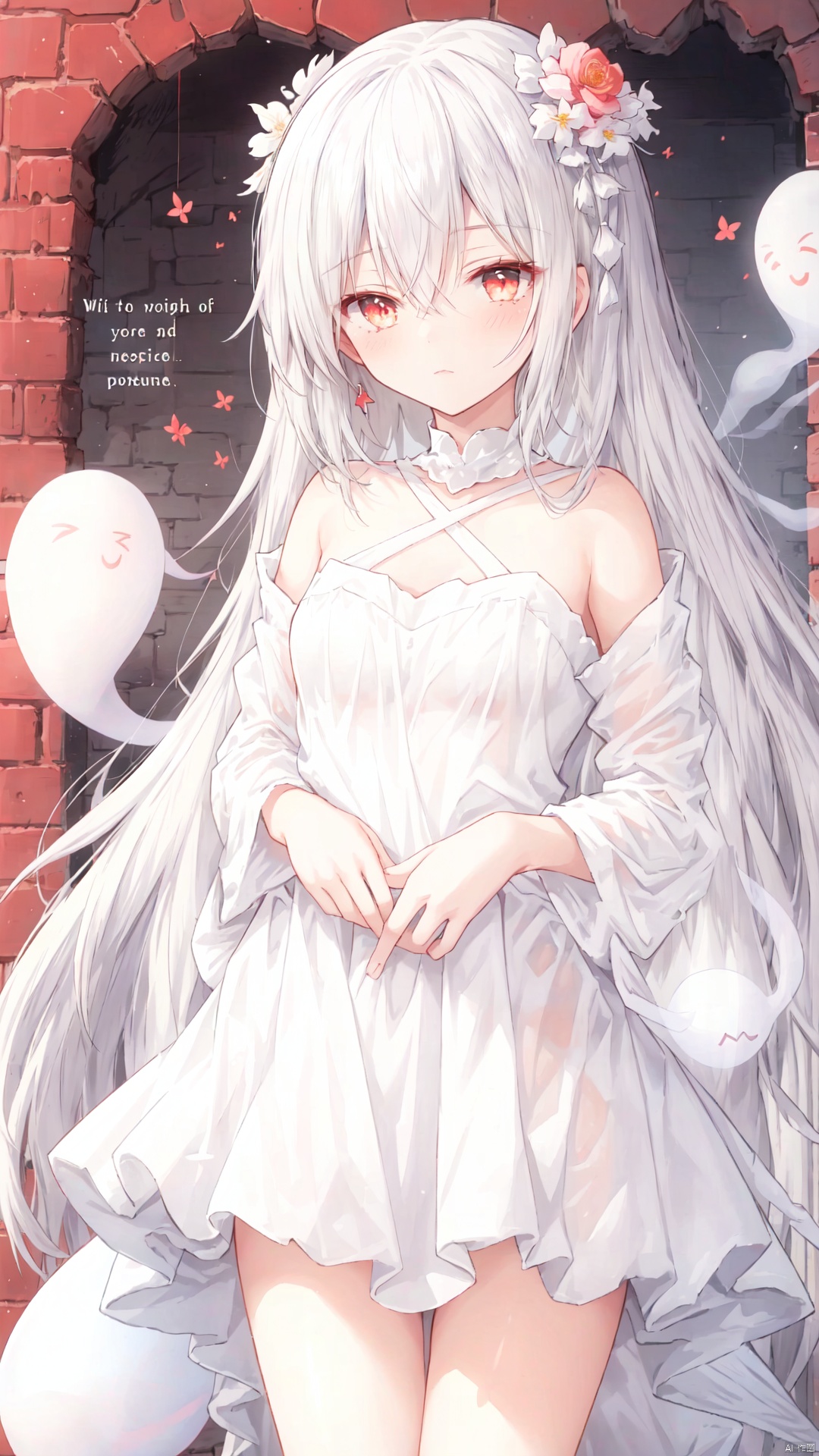  1girl, (loli:1.2), red eyes, white long translucent night gown, expressionless, (white hair), (hair cover one eye:1.2), long hair, red hair flower,blood, (ghost castle:1.5), (English text), mpingtu