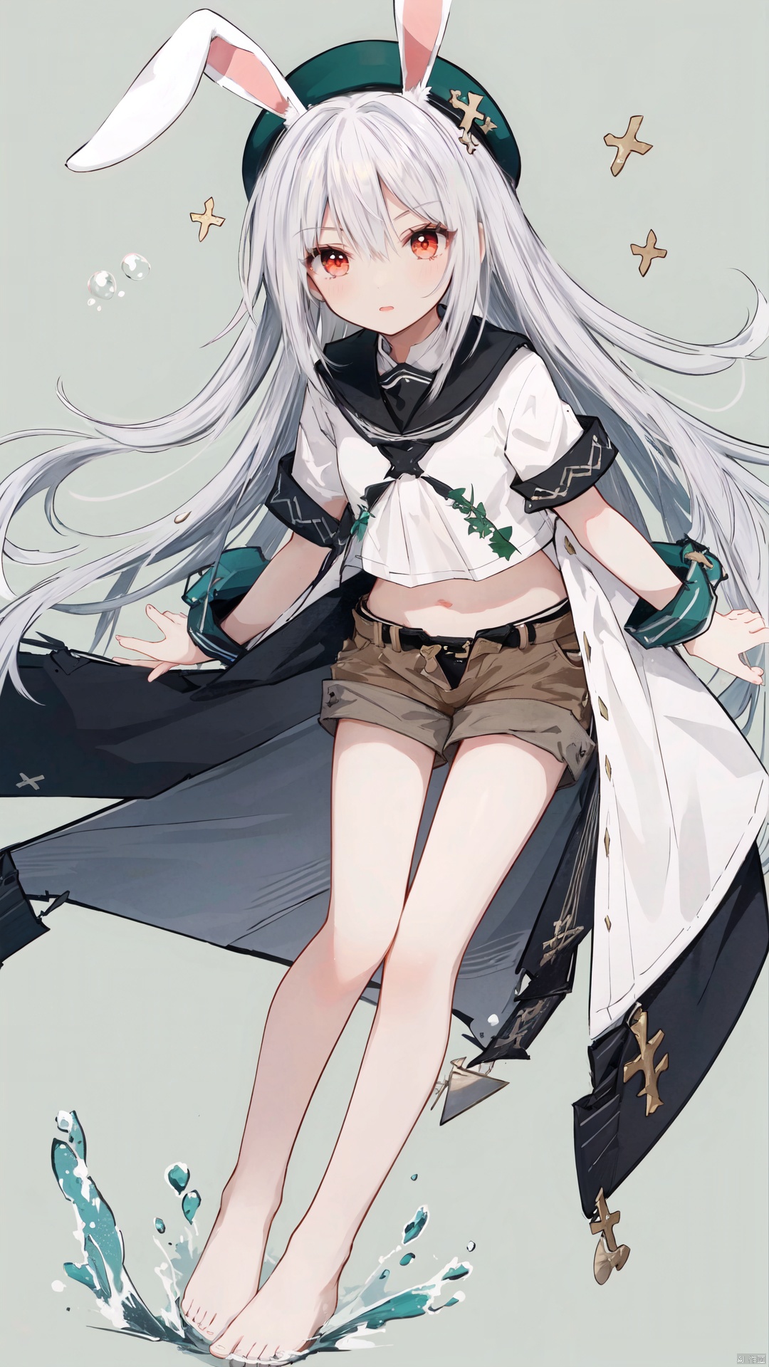  Underwater,church,seaweed,vine,(green background),1girl,brown shorts,bare leg,bare feet,hat,adventurer,rabbit ear,white hair,long hair,red eyes,cathedral glass,bubble,(wide shot,mid shot,panorama,depth of field,text), mpingtu