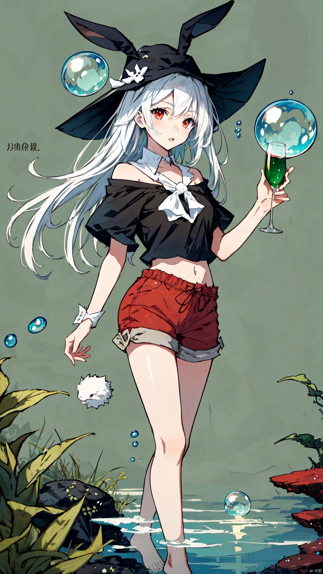  Underwater,church,seaweed,vine,(green background),1girl,brown shorts,bare leg,bare feet,hat,adventurer,rabbit ear,white hair,long hair,red eyes,cathedral glass,bubble,(wide shot,mid shot,panorama,depth of field,text), mpingtu