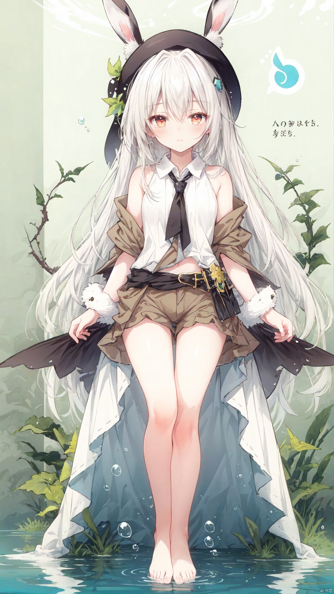  Underwater,church,seaweed,vine,(green background),1girl,brown shorts,bare leg,bare feet,hat,adventurer,rabbit ear,white hair,long hair,red eyes,cathedral glass,bubble,(wide shot,mid shot,panorama,depth of field,text), mpingtu