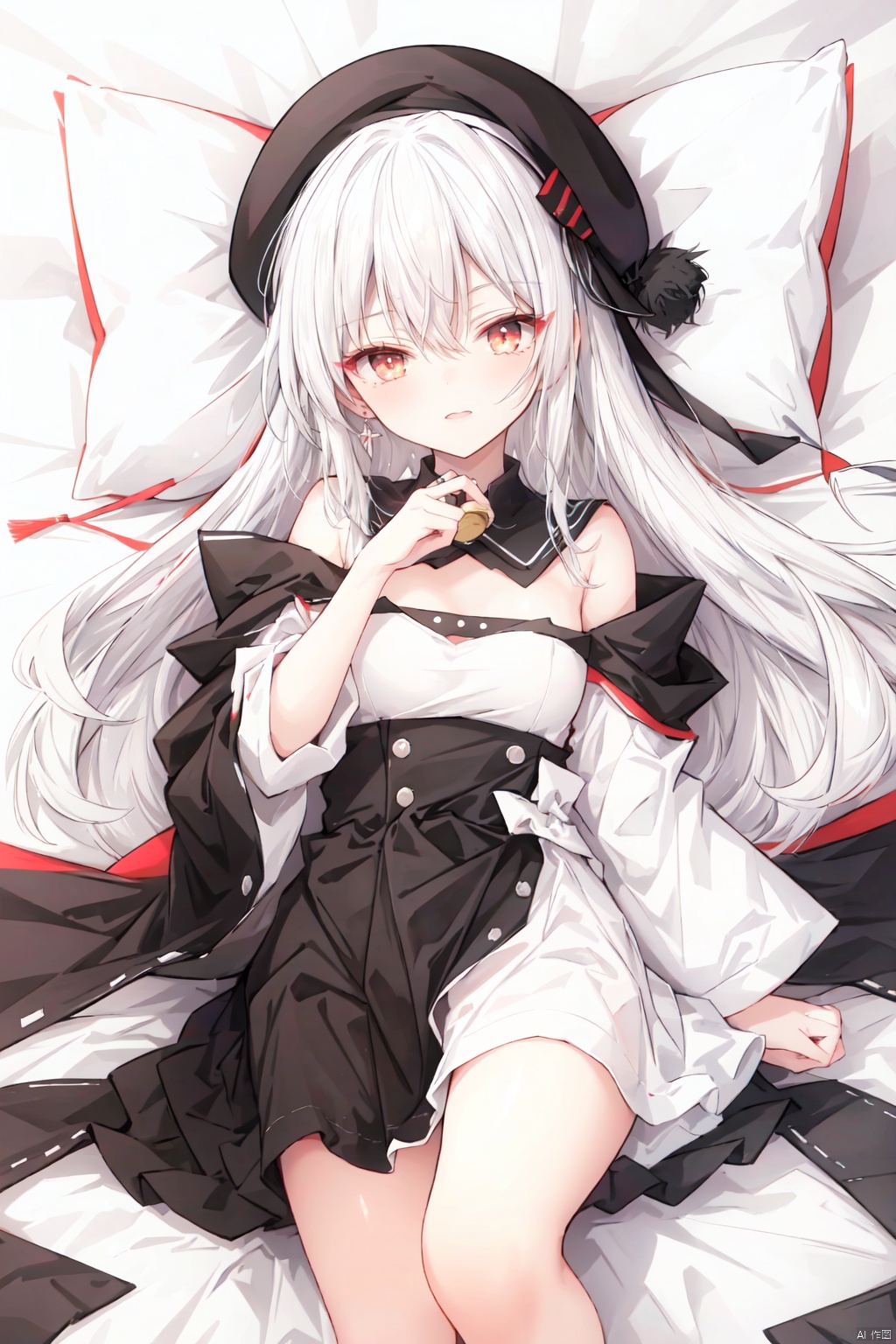  1girl,white hair,long hair,red eyes,(straight bang),(black beret,goggles),white shirt,(lying on bed,under a quilt,pillow),(full body,from above), mpingtu