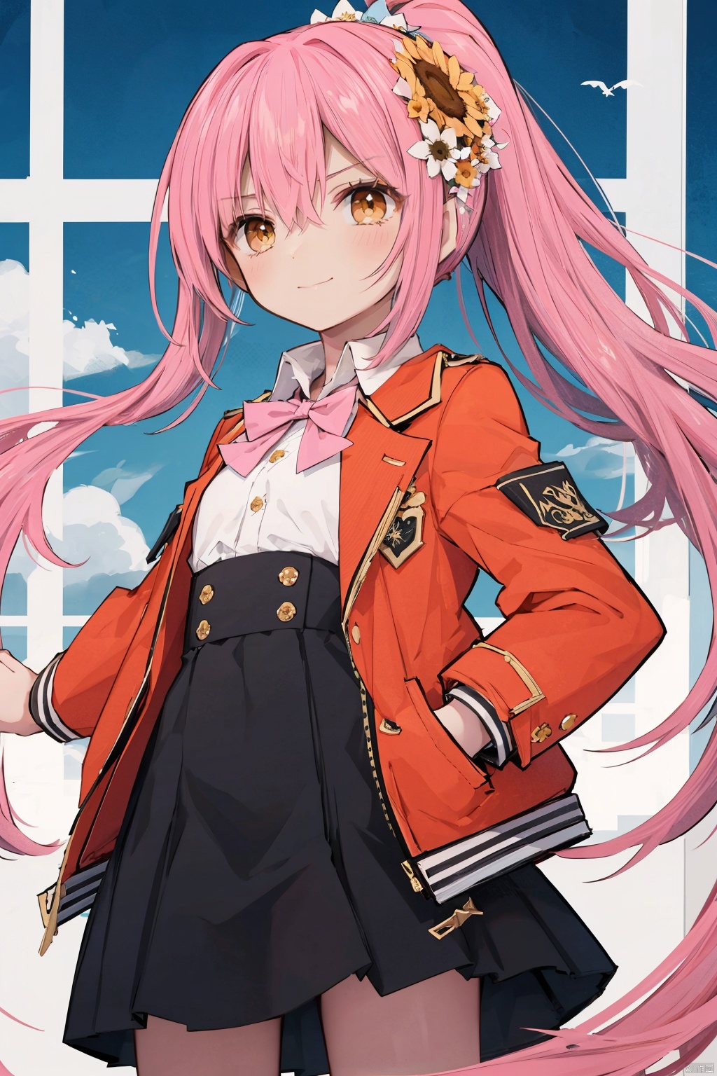 standing, original, extremely detailed wallpaper, (an extremely delicate and beautiful), (loli：1.2), (petite:1.2), ((Pink hair, ))Yellow eyes, (red Jacket), high ponytail, white collared shirt, hair flower, fipped hair, floating hair, Frown, hands in pockets, black dress, red bowtie, (solo), sky, skyline, skyscraper, smile, solo, sunflower, tower, upper_body, white flower, mpingtu
