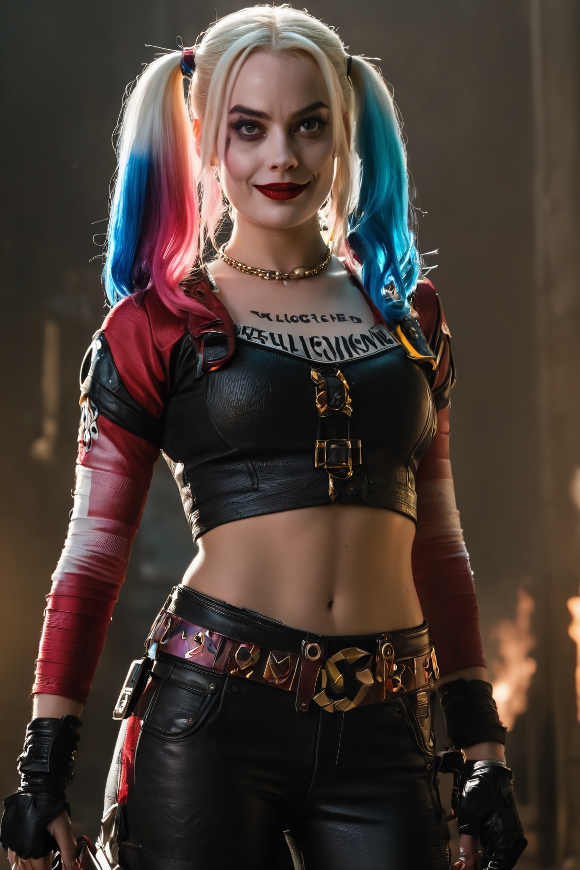 (Create an exceptional masterpiece) featuring ((Margot Robbie as Harley Quinn)) in her portrayal from ((******* Squad)). T...