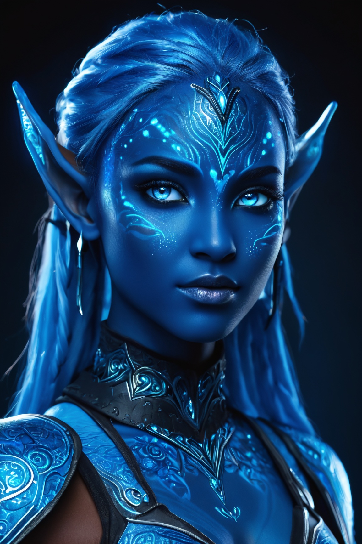 blue humanoid avatar with bioluminescent avatar markings dots and patterns on their skin. Pointed elf ears. avatar like ha...