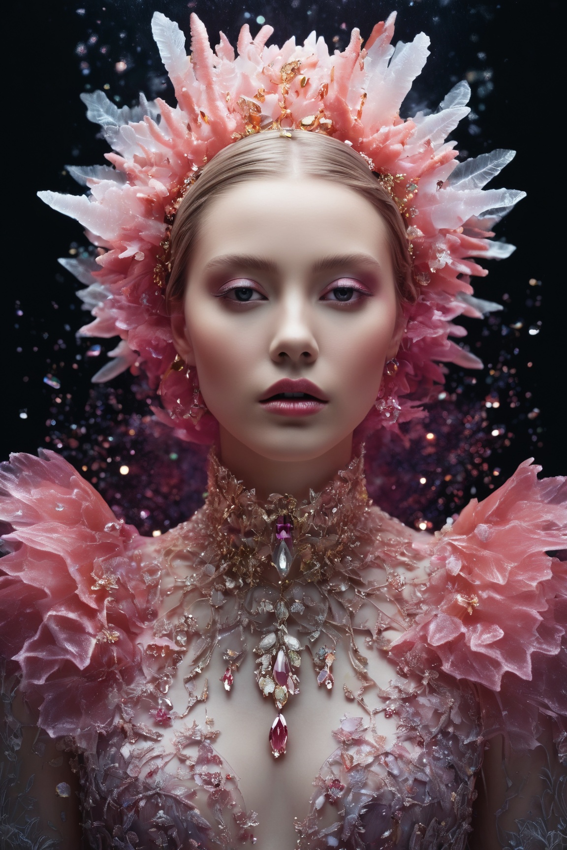 (Produce an exquisite photo RAW image) capturing a surreal scene of a ((ghostly long-tailed crystal)) adorned with ((black...