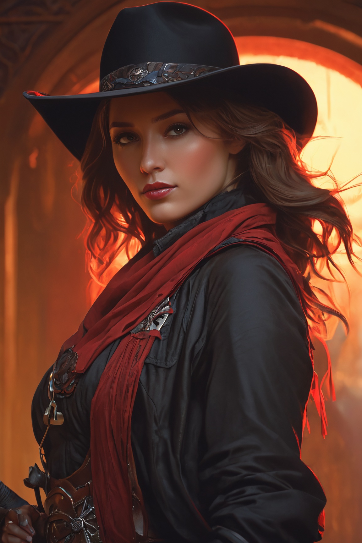 (Create an extraordinary 3D rendering) of a ((female gunslinger)) donned in a captivating mix of ((red and black cowboy ou...