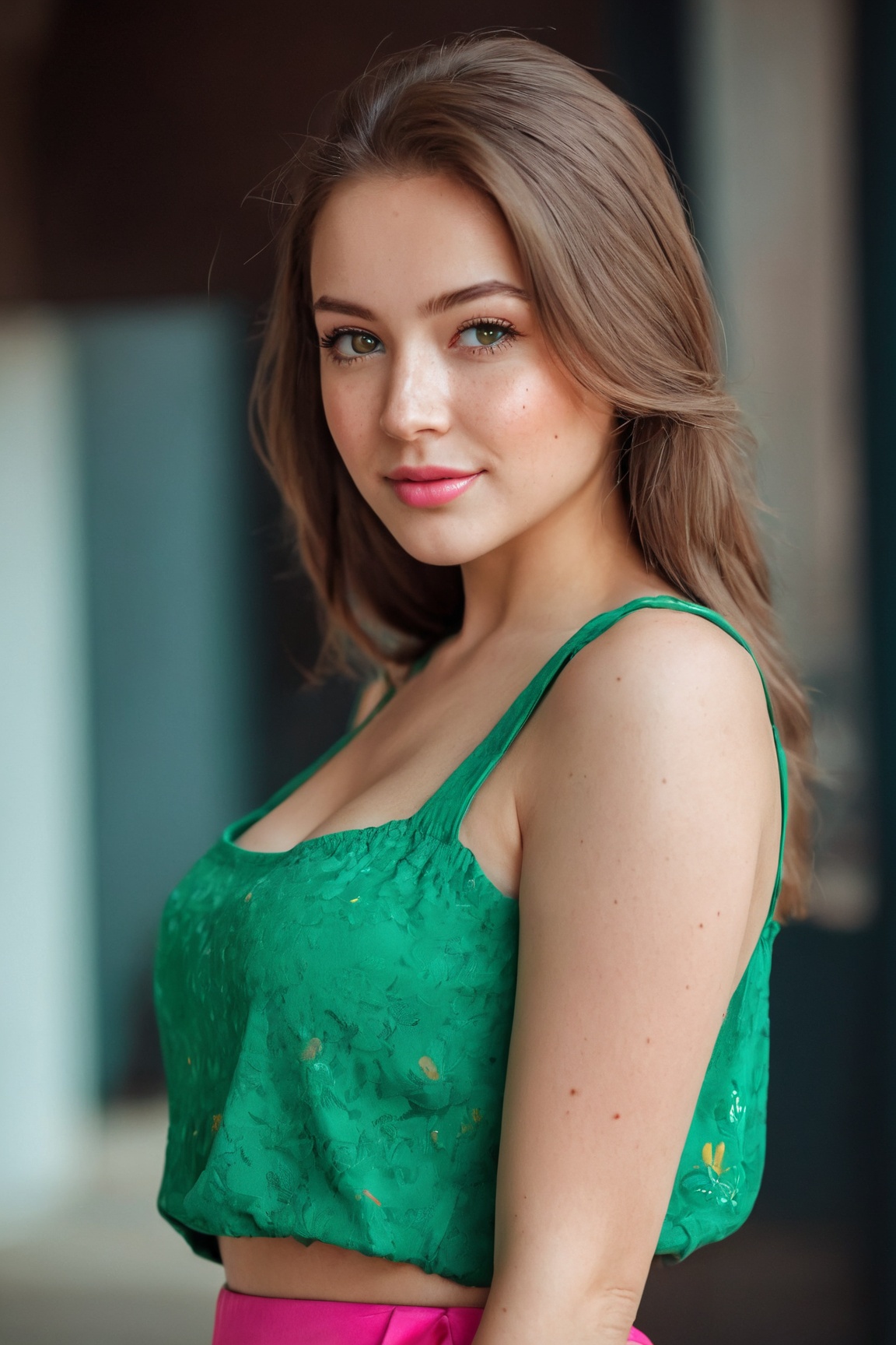 ((27-year-old Russian girl)) with a gorgeous and cute appearance. Capture her with a ((smirk)) and highlighting her ((frec...