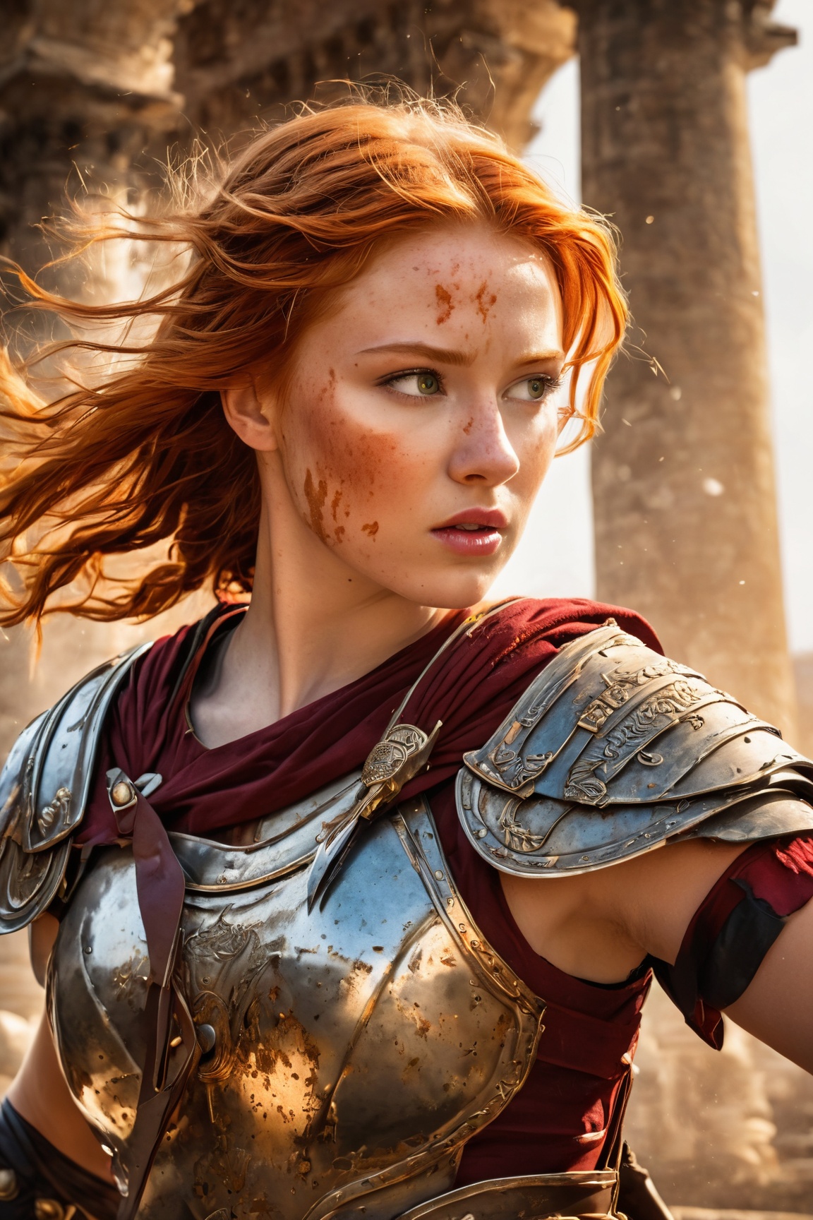 (Create an epic and detailed masterpiece) in a ((comic style)) featuring a ((Roman ginger-haired girl)) as a gladiator eng...
