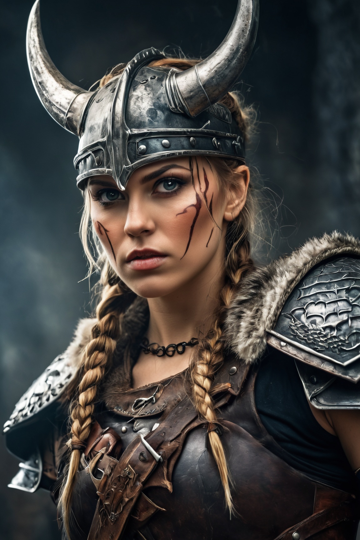 (a fierce viking warrior with a fierce expression,  wearing leather armor and a horned helmet),  beautiful detailed eyes o...