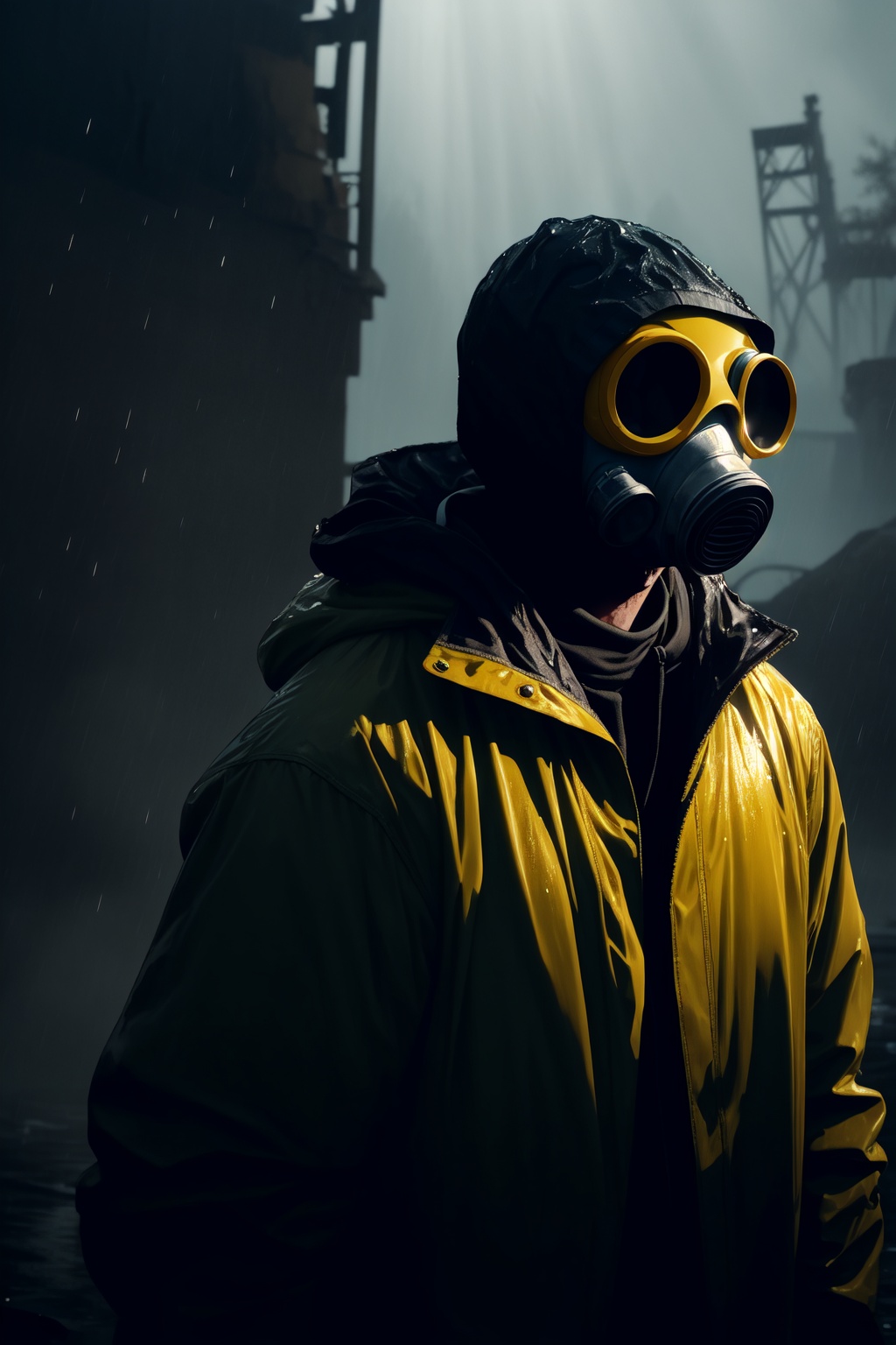Close-up of Liquidator with Gas Mask and yellow Rain coat in Tschernobyl +cinematic lighting,  volumetric rays,  moody on...