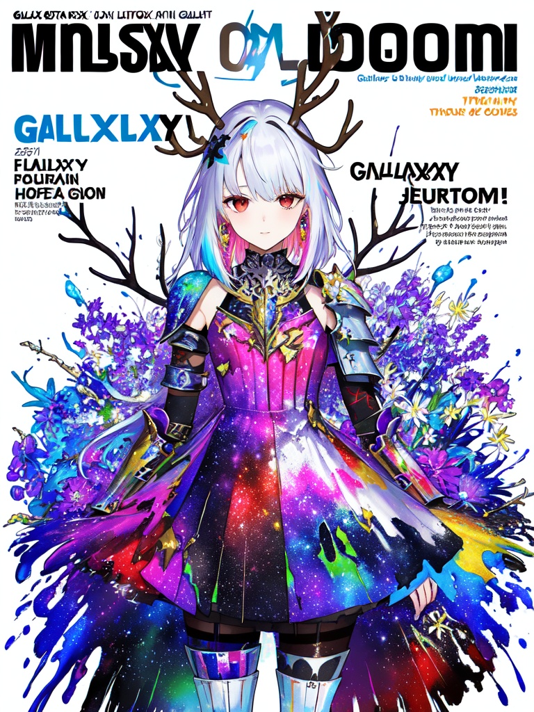 ((magazine cover)),(poster),[(white background:1.4)::10],Galaxy,((best quality)), ((masterpiece)), ((ultra-detailed)), (illustration), (detailed light), (an extremely delicate and beautiful),incredibly_absurdres,((magazine cover)),(poster),[(white background:1.4)::10],Galaxy,(1girl:1.7),solo,a beautiful girl,magician,(((cowboy shot))),standding,(+perfect hand+:1.21),(((antlers))),((Hosiery)),((galaxy and jewelry adorns beautiful colorful dress+stocking+[broken armor]):1.5),((white hair)),(((red eyes))),[colorful ink flowing],(chromatic aberration with strong rim light, glitch),tyndall effect, colorful refraction,visual impact,Spray paint graffiti,(((melting and splashing))),(highlight contrast),[((color splashing)),((ink splashing)),((dyeing)),melt,multicolored ink melt,watercolor,colorful ink splashing surrounded,fluttered detailed ink splashs],((magazine cover)),(poster),[(white background:1.4)::10],Galaxy,((colorful ink splash flower))