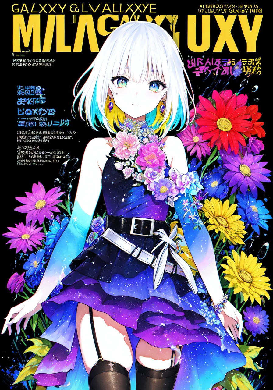 ((magazine cover)),(((colorful flower))),branch,Galaxy,((best quality)), ((masterpiece)), ((ultra-detailed)), (illustration), (detailed light), (an extremely delicate and beautiful),incredibly_absurdres,((magazine cover)),(((colorful flower))),branch,Galaxy,(1girl:1.7),solo,a beautiful girl,magician,(((cowboy shot))),standding,(+perfect hand+:1.21),((Hosiery)),((galaxy and jewelry adorns beautiful colorful dress+stocking):1.5),((Belts)),(leg loops),((Hosiery)),((white hair)),(((beautiful eyes))),[colorful ink flowing],(chromatic aberration with strong rim light, glitch),tyndall effect, colorful refraction,visual impact,Spray paint graffiti,(((melting and splashing))),(highlight contrast),[((color splashing)),((ink splashing)),((dyeing)),melt,multicolored ink melt,watercolor,colorful ink splashing surrounded,fluttered detailed ink splashs],((magazine cover)),(((colorful flower))),branch,Galaxy