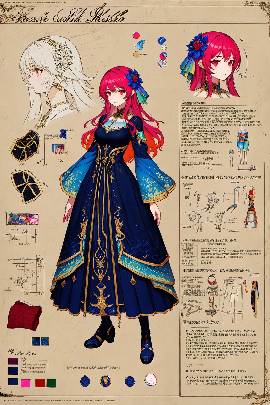 ((best quality)), ((masterpiece)), ((ultra-detailed)), (illustration), (detailed light), (an extremely delicate and beautiful),(setting diagram,character design drawing, character profile, reference sheet,(clothes configuration:1.15)), (infographic:1.2),((solo)),(a beautiful girl:1.3),red eyes,colorful ink hair, expressionless,(galaxy adorns beautiful colorful ink dress),