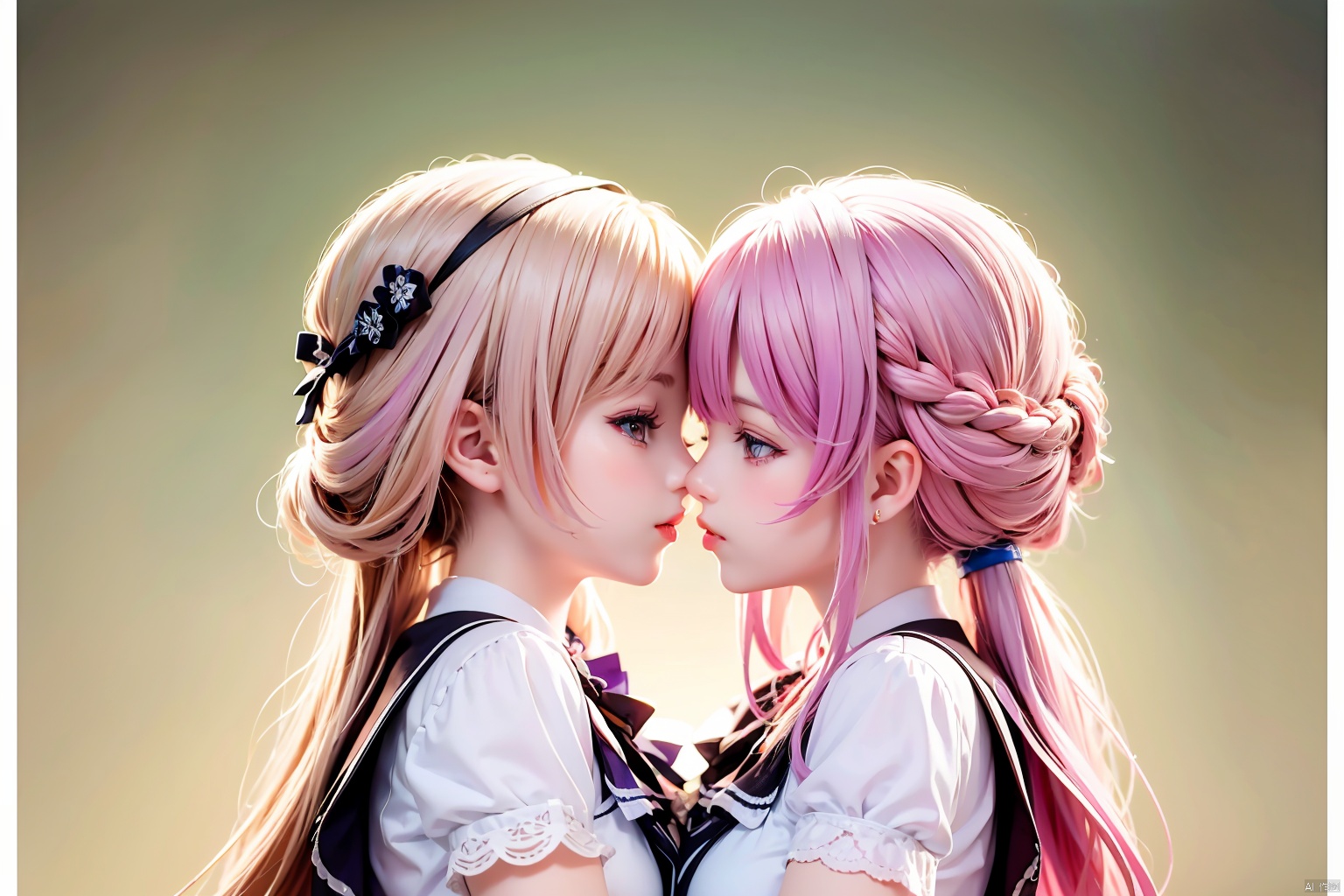 2 Girls, masterpiece, high quality, beautiful wallpaper, 16k, animation, illustration, positive view, perfect body, complete body, delicate face, delicate features, children, kissing, intense kiss, lesbian, loli, female primary school students, symmetrical_docking, 1girl,pink hair