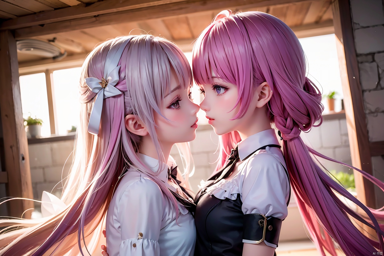 2 Girls, masterpiece, high quality, beautiful wallpaper, 16k, animation, illustration, positive view, perfect body, complete body, delicate face, delicate features, children, kissing, intense kiss, lesbian, loli, female primary school students, symmetrical_docking, 1girl,pink hair