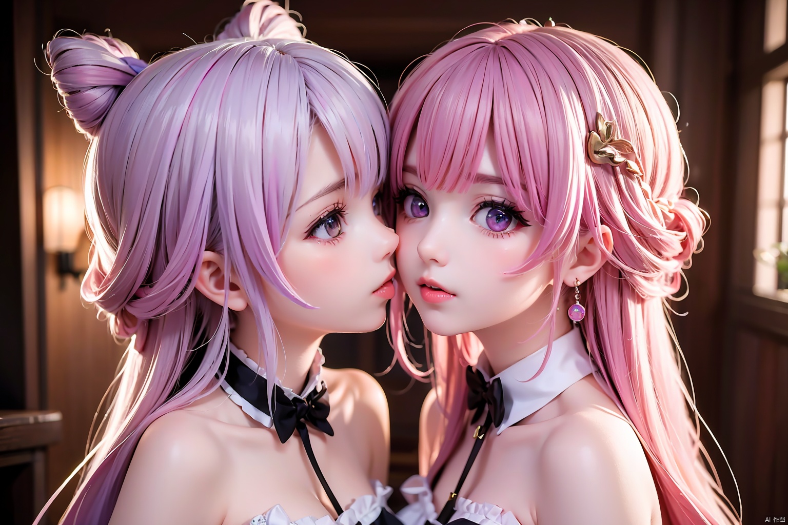 2 Girls, masterpiece, high quality, beautiful wallpaper, 16k, animation, illustration, positive view, perfect body, complete body, delicate face, delicate features, children, kissing, intense kiss, lesbian, loli, female primary school students, symmetrical_docking, 1girl,pink hair
