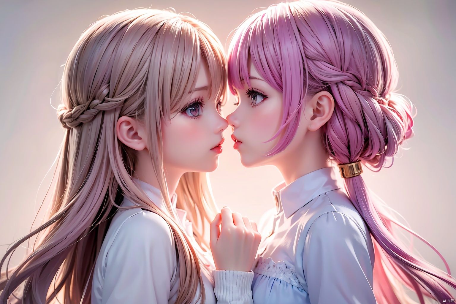 2 Girls, masterpiece, high quality, beautiful wallpaper, 16k, animation, illustration, positive view, perfect body, complete body, delicate face, delicate features, children, kissing, intense kiss, lesbian, loli, female primary school students, symmetrical_docking, 1girl,pink hair