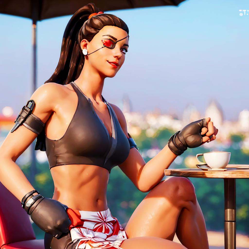 ((a woman sitting in a cafe drinking tea,  city in background,  full body)) rio on Tensor.Art