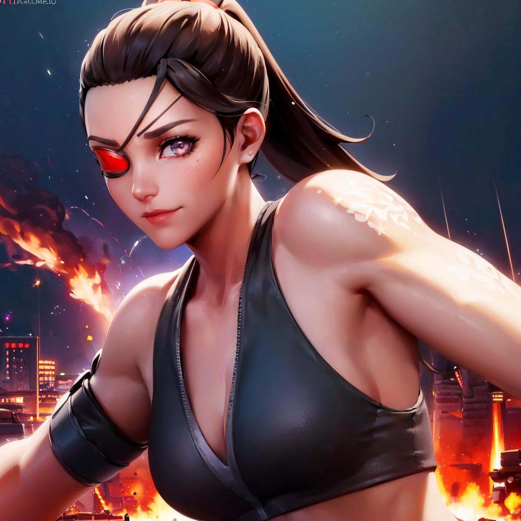 ((a woman bruised in fighting stance on a battlefield,  ruins in background,  explosions on Tensor.Art