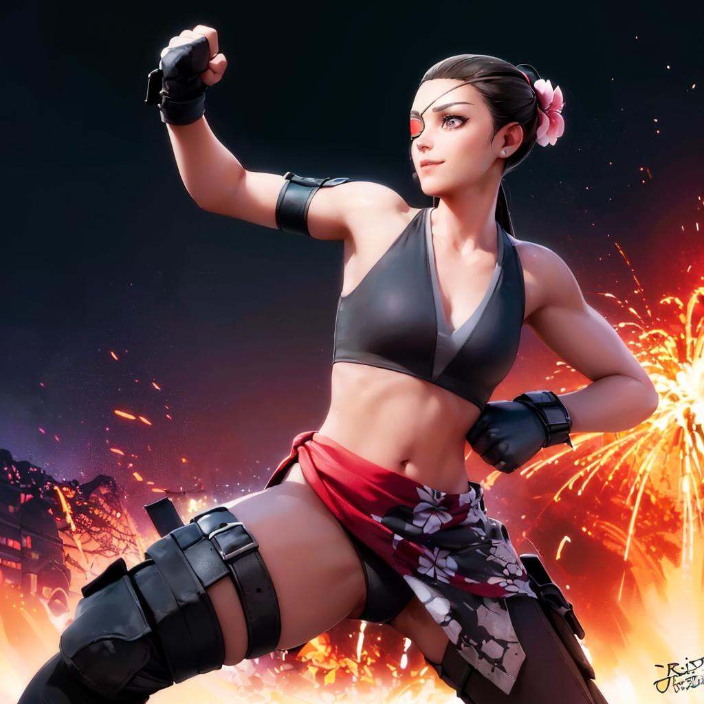 ((a woman bruised in fighting stance on a battlefield,  ruins in background,  explosions on Tensor.Art