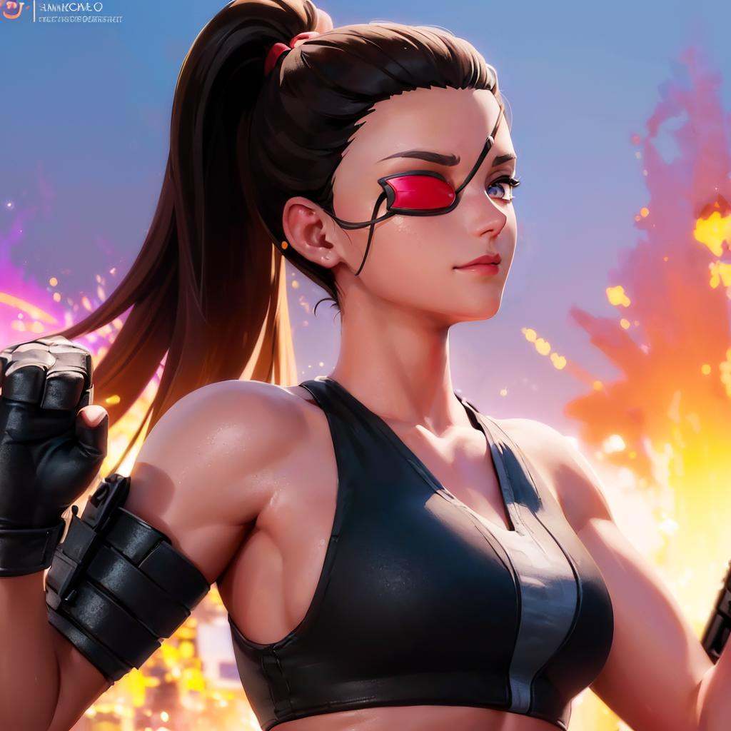 ((a woman bruised in fighting stance dual wielding 2 guns on a battlefield,  ruins in background,  upper body on Tensor.Art
