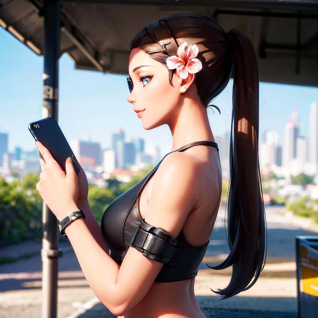 ((a woman standing at a busstop looking at her smartphone,  city in background,  upper body on Tensor.Art