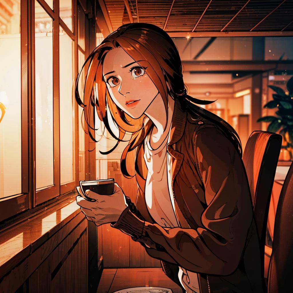 a woman drinking tea in a cafe,  full body hayan,  with on Tensor.Art