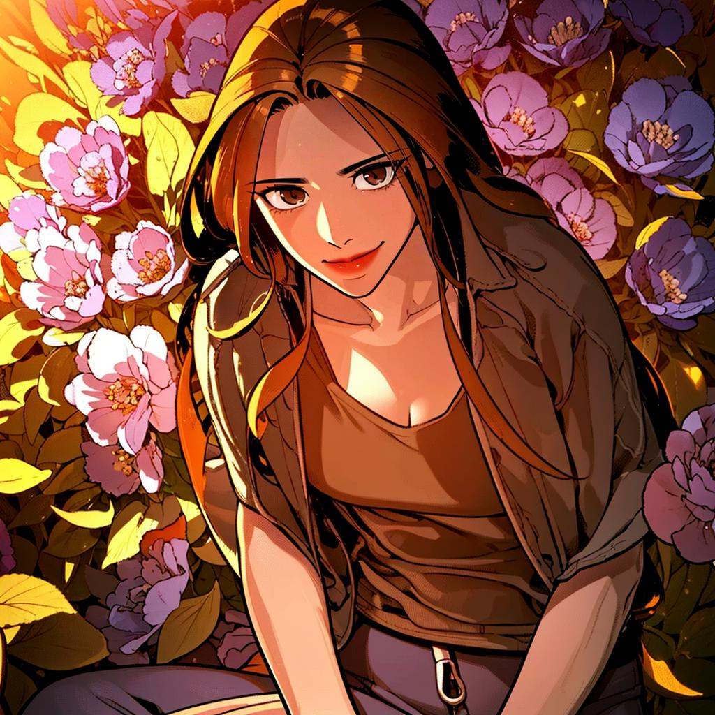 a woman kneeling in the garden smelling flowers,  full body hayan,  with on Tensor.Art