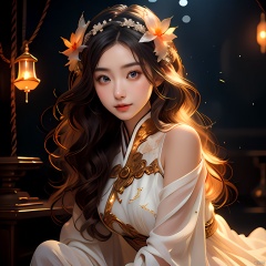 (((masterpiece))), ((best quality)), ((intricate detailed)),(\shen ming shao nv\), glowing butterfly, 1girl,from left side, long hair, blonde hair, white dress,Upper body to thighs, watery eyes,delicate detailed eyes,long hair,black hair mange style,long sleeve,flower headband,4k,8k,round eyes,round pupil,happy,colourful,fantasy magical,complex hair detail,happy,texture on clothings, girl