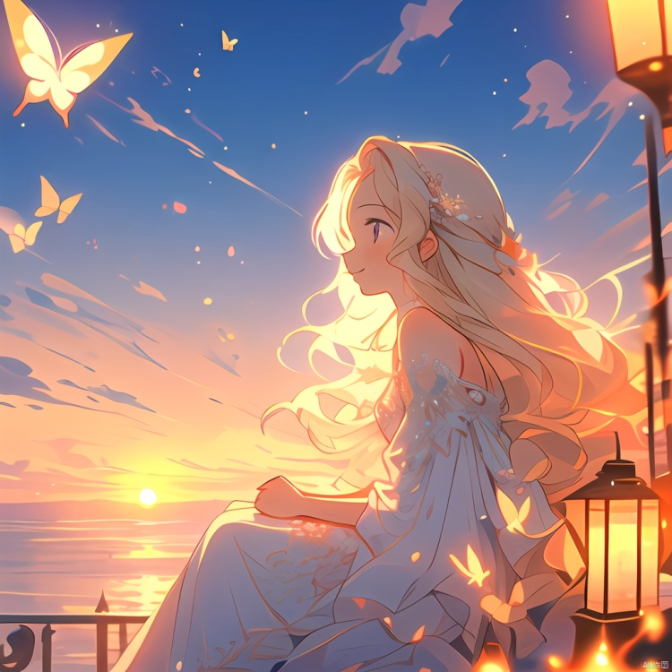 (((masterpiece))), ((best quality)), ((intricate detailed)),(\shen ming shao nv\),glowing butterfly,1girl, long hair, solo, blonde hair, sitting, white dress, cloud, sky, sunset, profile, outdoors, from side, lantern, ocean, blurry, water, smile, closed mouth