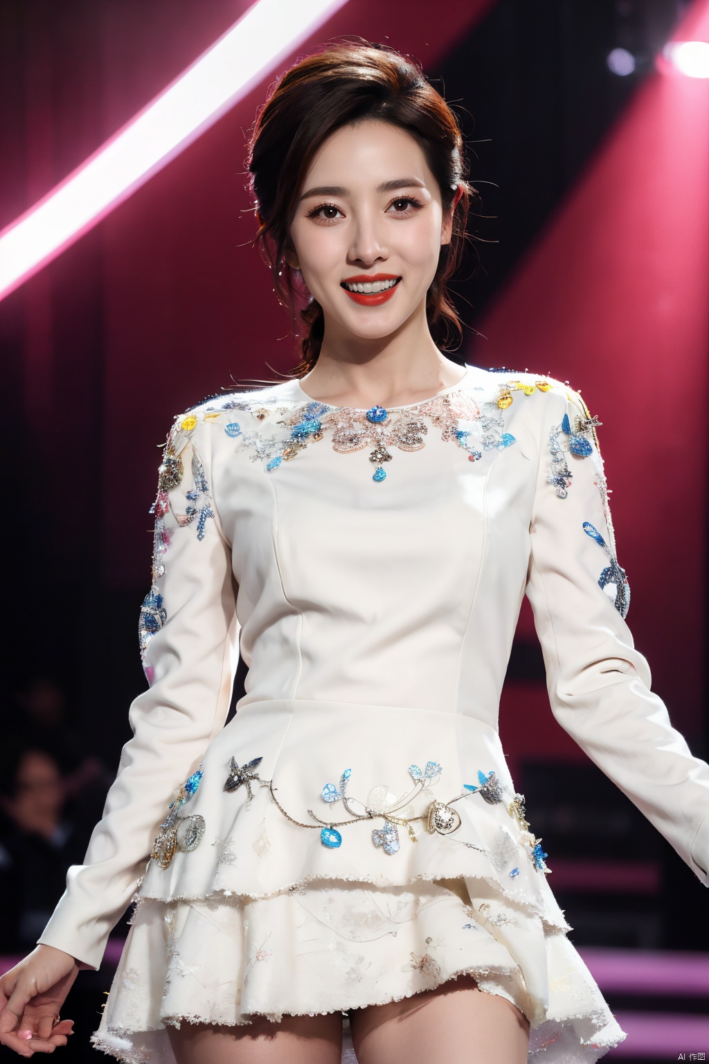 PHOTOREALISTIC REALISTIC,masterpiece,best quality,highres,ultra detailed,8k,1woman,dress,makeup,lipstick,smile,teeth,open mouth,looking at viewer,cowboy shot,stage,stage light,