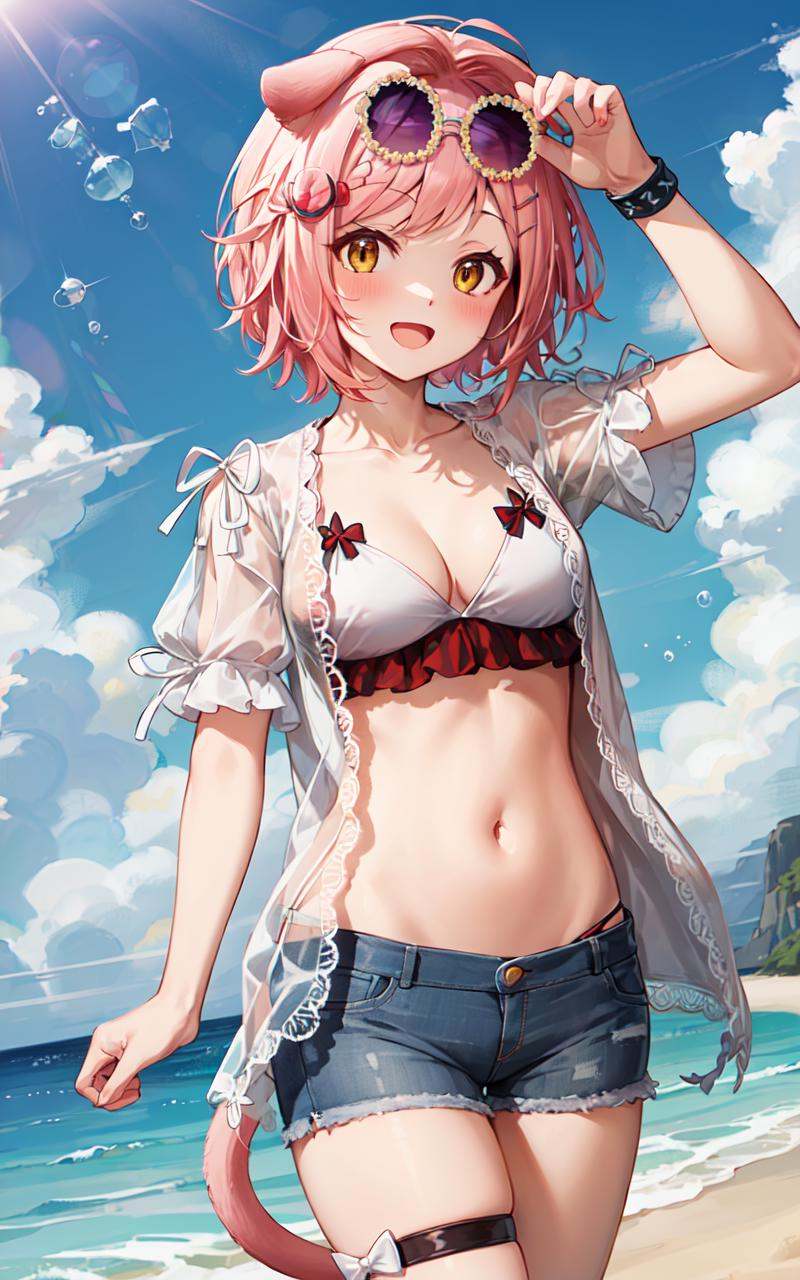 masterpiece, high quality, highres, 1girl,beach, sea, <lora:goldenglowSunflowerArknightsV1-2:0.8>,ggsunflower, denim shorts, white bikini, eyewear on head, open clothes, frilled straps, thigh strap, medium breasts, cat tail, arm up, cowboy shot, standing, looking at viewer,open mouth, happy, light blush,  