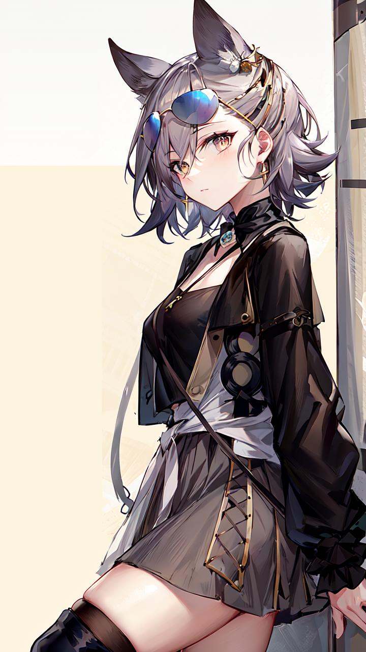 masterpiece, high quality, highres, 1girl, solo,<lora:penanceArknightsV1-000020:0.8>,penance,eyewear on head, tinted eyewear, cowboy shot, against wall, one leg up, from side, looking at viewer,  expressionless, simple background, 