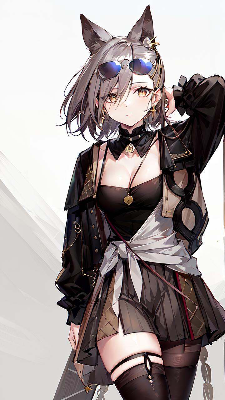 masterpiece, high quality, highres, 1girl, solo,<lora:penanceArknightsV1:0.75>,penance,eyewear on head, tinted eyewear, cowboy shot,  one leg raise up, single thighhigh, single leg pantyhose, from side, medium breasts, cleavage, looking at viewer,  expressionless, simple background, 