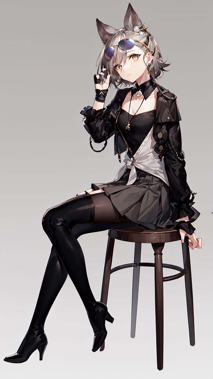 masterpiece, high quality, highres, 1girl, solo,<lora:penanceArknightsV1-000020:0.7>,penance,eyewear on head, tinted eyewear, adjusting eyewear, looking over eyewear, full body, sitting on chair, from side,looking at viewer,  expressionless, simple background, 
