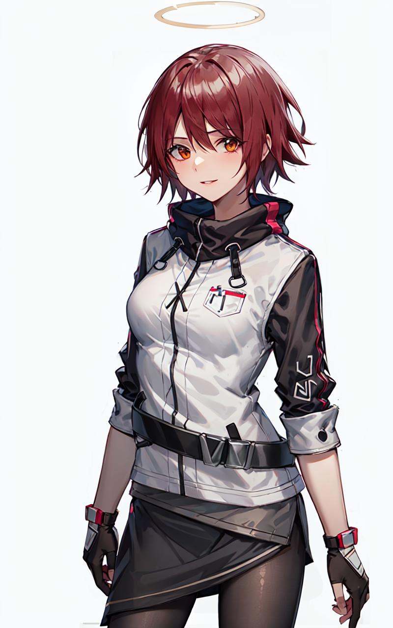 masterpiece, high quality, 1girl, solo, simple background, (white background:1.1),<lora:exusiaiArknightsV2-3:0.8>,exusiai-original,  white jacket,black skirt,miniskirt, short sleeves, white jacket, black pantyhose,raglan sleeves,belt,medium breasts,standing, cowboy shot, looking at viewer,parted lips, light smile,