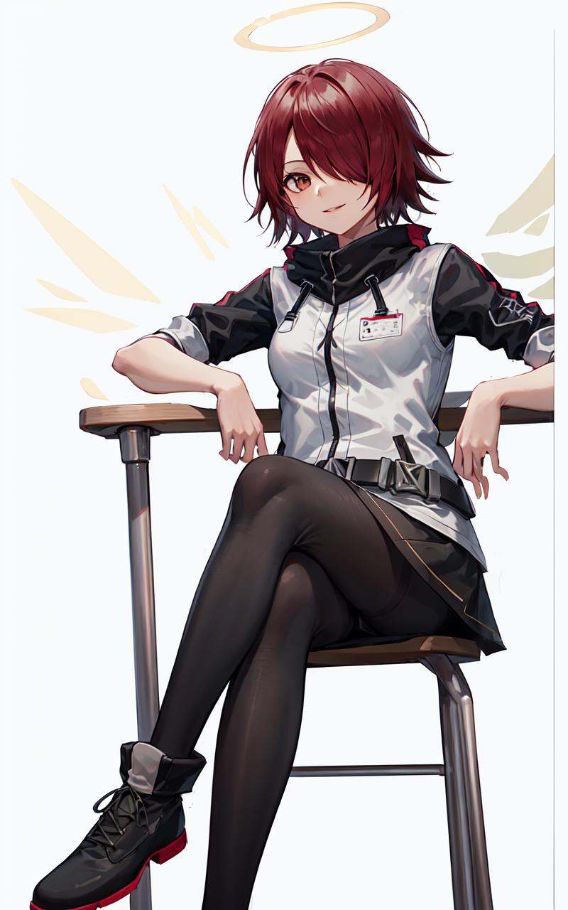 masterpiece, high quality, 1girl, solo, simple background, (white background:1.1),<lora:exusiaiArknightsV2:0.75>,exusiai-original, hair over one eye,  white jacket,black skirt,miniskirt, short sleeves, white jacket, black pantyhose,raglan sleeves,belt,energy wings, medium breasts,black footwear, sitting, sitting on chair, crossed legs, full body, looking at viewer,parted lips, light smile,straight-on, 