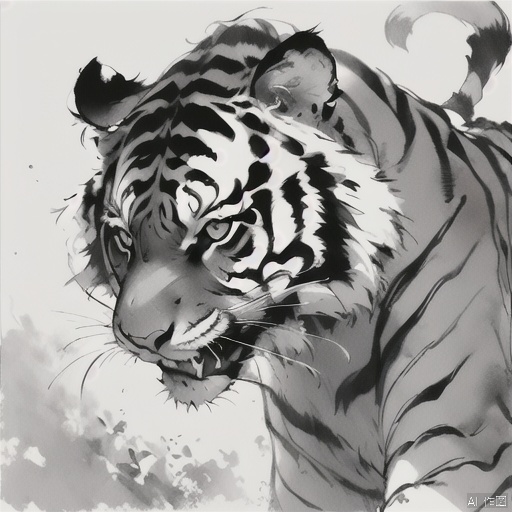 (\shui mo\), monochrome, no humans, tiger, greyscale, whiskers, animal focus, animal, solo, fangs, looking at viewer, white background