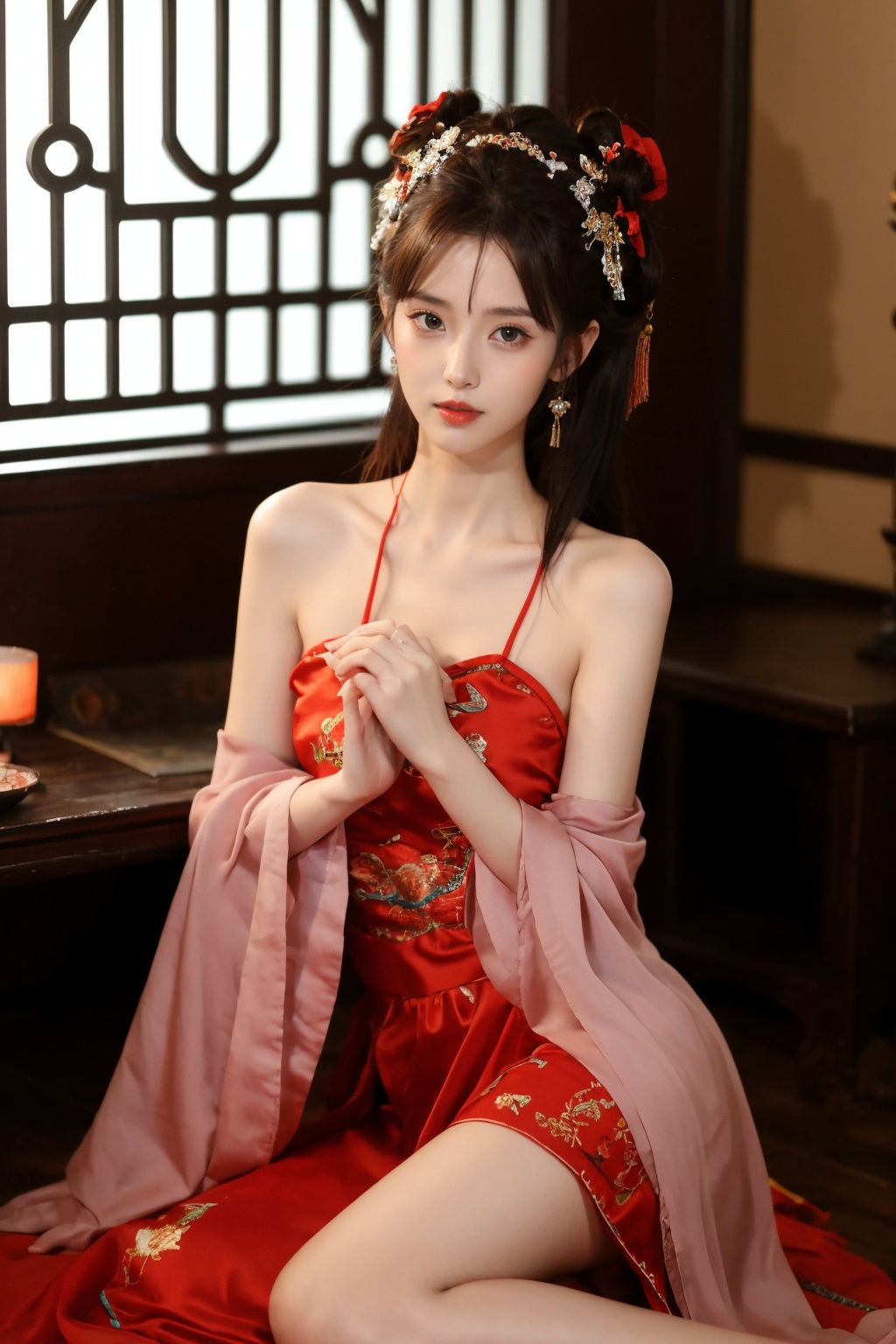 1girl, dress, hair ornament, red dress, solo, chinese clothes, long hair, sitting, bare shoulders, window, brown hair, hair bun, indoors, black hair,looking at viewer<lora:肚兜1_0.2+肚兜2_0.7:0.75>