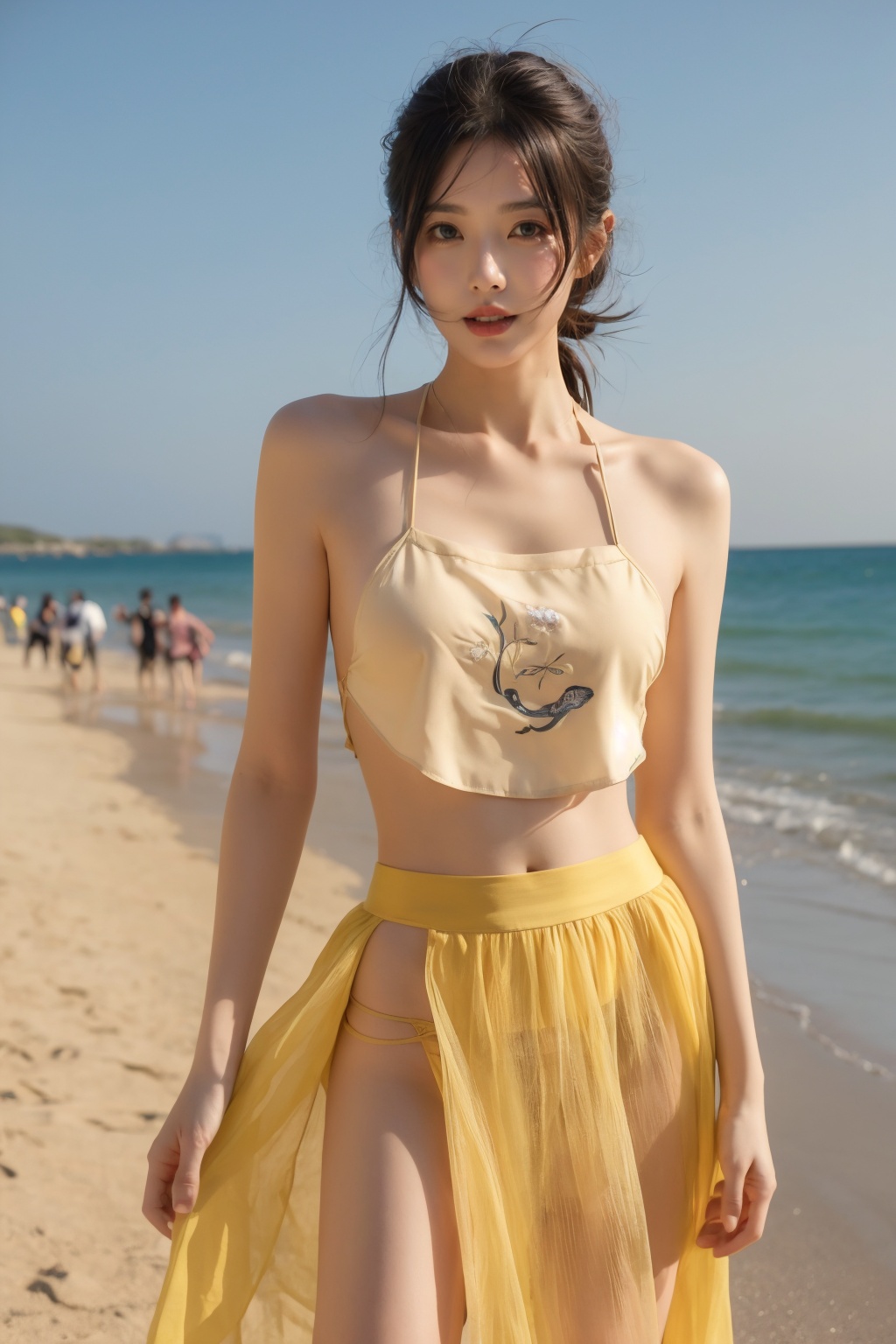 1girl, solo, looking at viewer,( outdoor:1.3),sea,beach,realistic, midriff, bare shoulders, standting, hair ornament, black hair, jewelry, brown hair, parted lips, skirt, yellow skirt, cowboy shot <lora:kim_小红兜_v1:0.75>