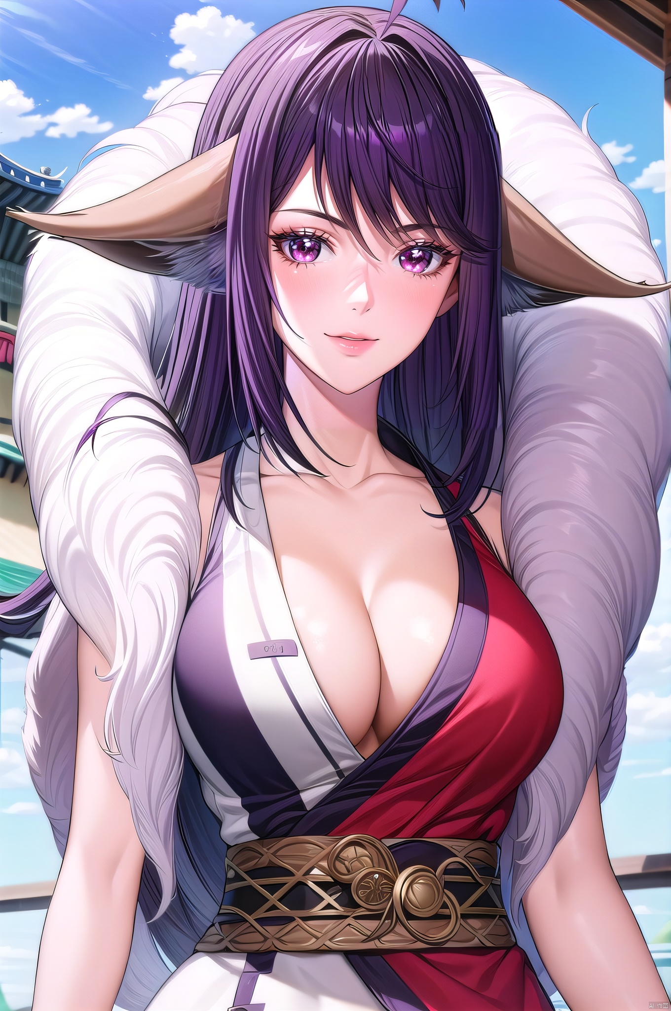 Yaya, 1girl, solo, korean clothes,animal ears, breasts, cleavage, day, sky, cloud, large breasts, ahoge, purple hair, long hair, smile, outdoors, fox ears, brown hair, feather boa,(upper_body:1.5)