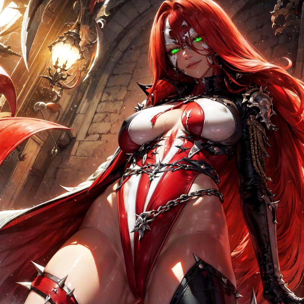 a woman wielding green magic and with a huge red cape,  smiling,  full body (SheSpawn with red hair in a red and white mas...
