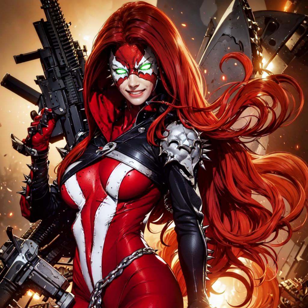 a woman standing in hell,  smiling,  portrait (SheSpawn with red hair in a red and white mask and costume and green glowin...